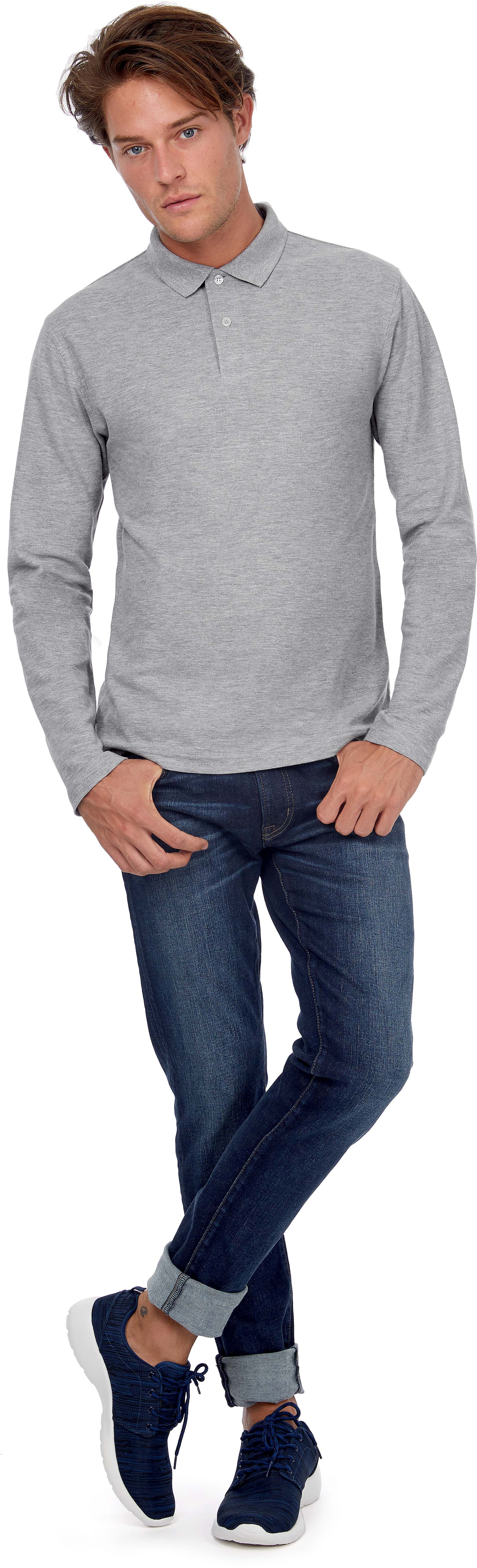 Polo homme B&C Collection gris chiné manches longues maille piqué coupe moderne décontractée
