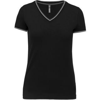 T-shirt femme col V maille piquée K394 - Black / Light Grey / White