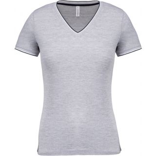 T-shirt femme col V maille piquée K394 - Oxford Grey / Navy / White